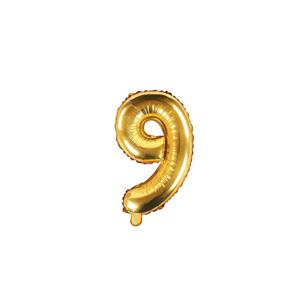 Balon foliowy cyfra 9 - złoty, 35 cm