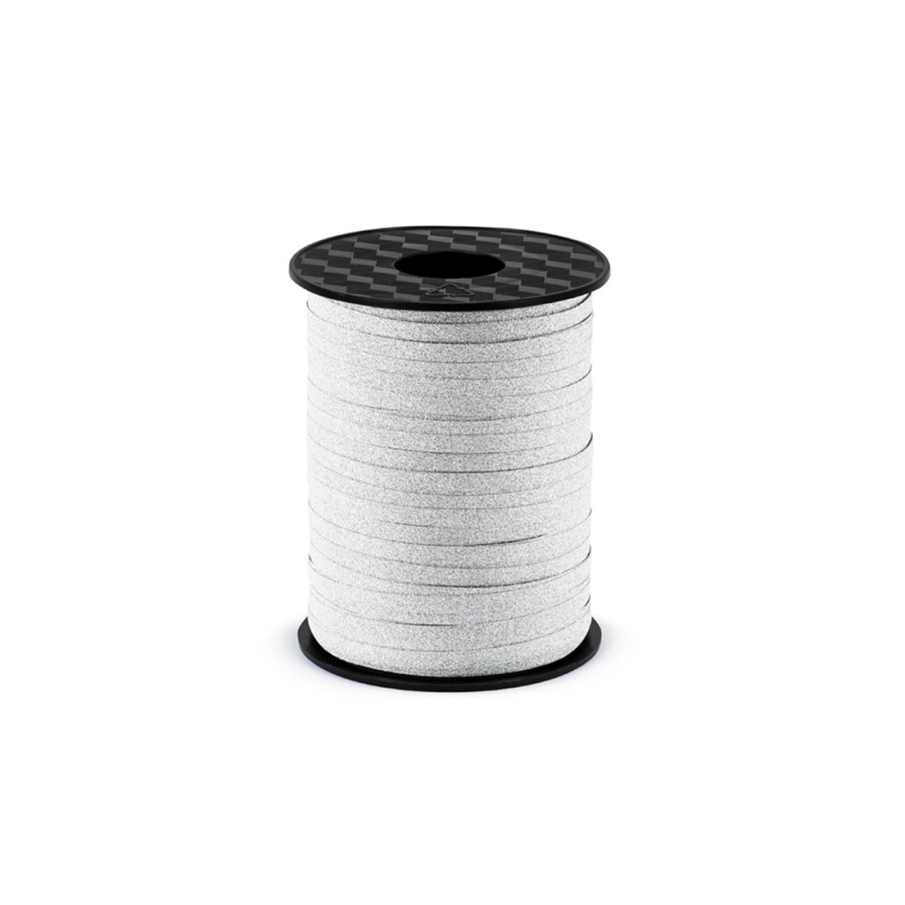 Plastic ribbon for balloons - glittery silver, 5 mm x 225 m
