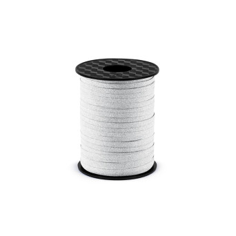 Wstążka plastikowa do balonów - srebrna brokatowa, 5 mm x 225 m