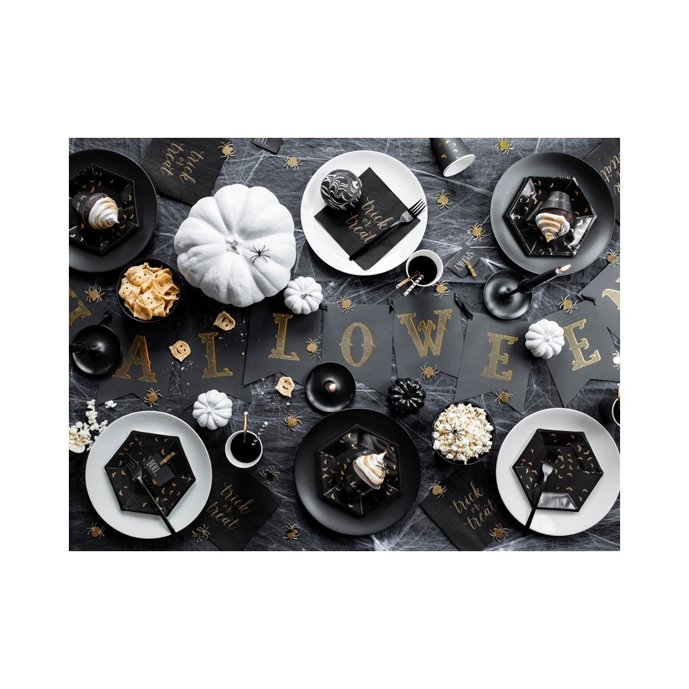 Trick or Treat paper plates - black and gold, 20 cm, 6 pcs.