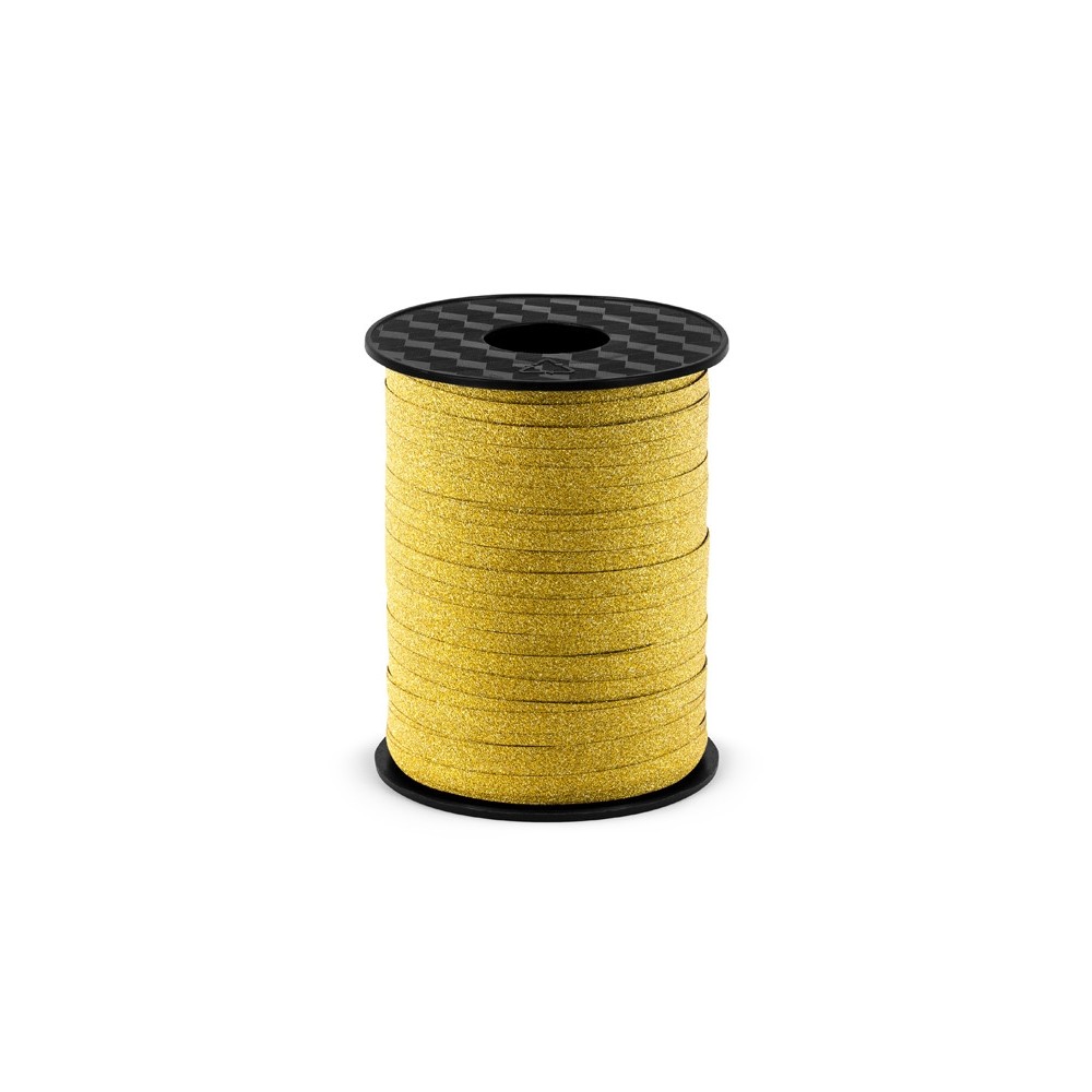 Wstążka plastikowa do balonów - złota brokatowa, 5 mm x 225 m