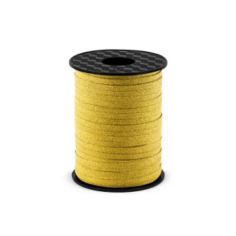 Wstążka plastikowa do balonów - złota brokatowa, 5 mm x 225 m