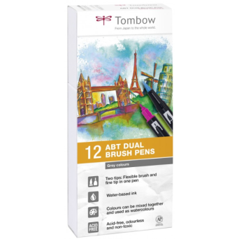 Pisaki pędzelkowe, dwustronne - Tombow - Grey, 12 szt.