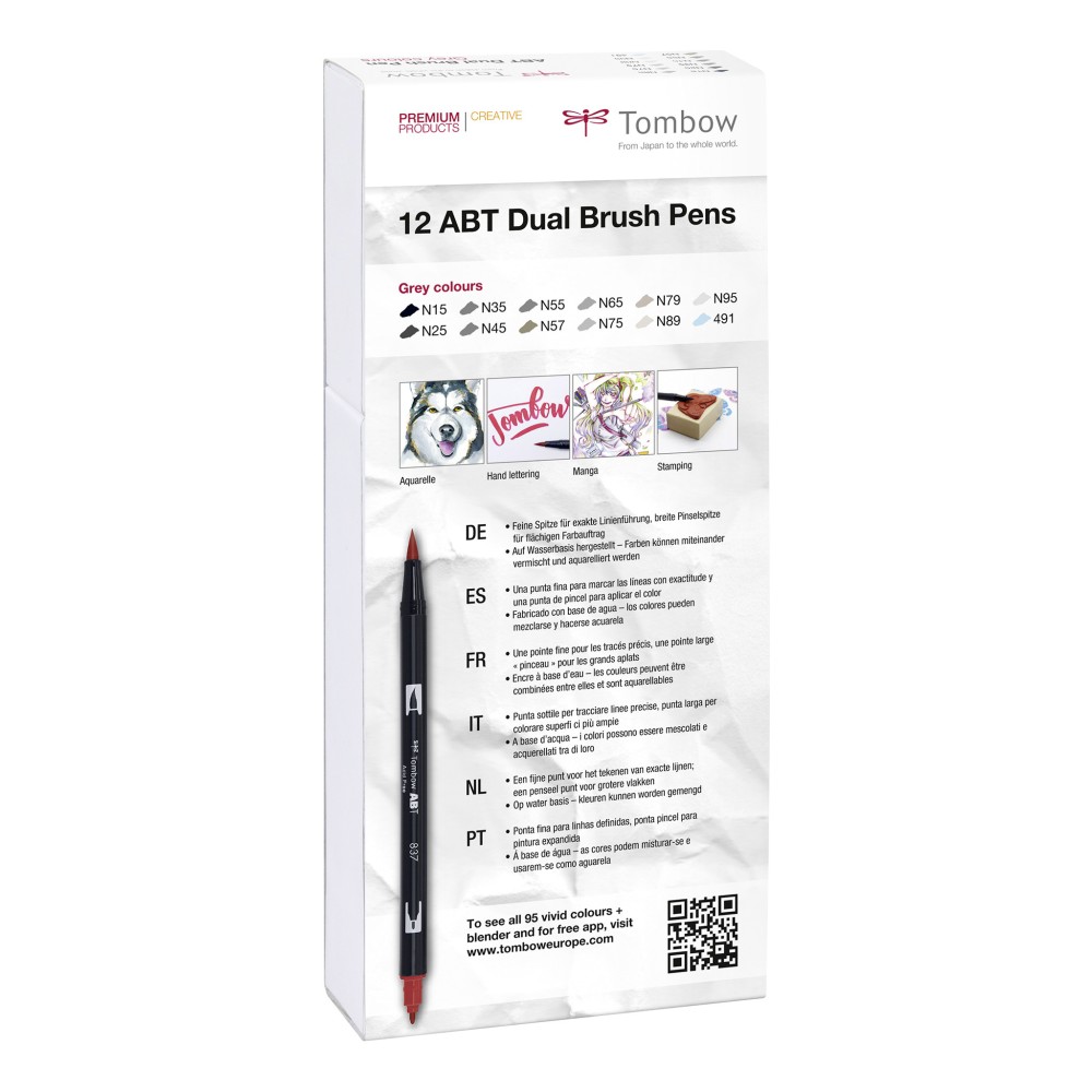 Pisaki pędzelkowe, dwustronne - Tombow - Grey, 12 szt.