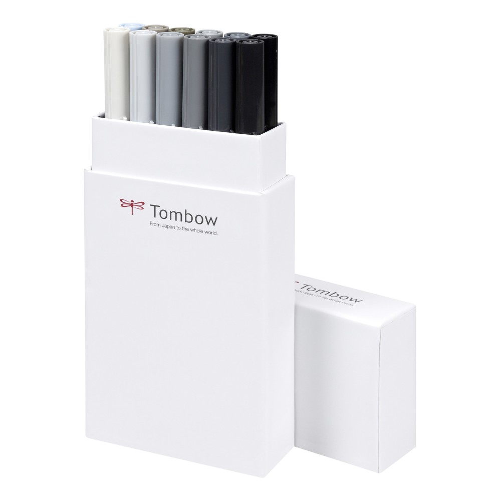 Pisaki pędzelkowe, dwustronne - Tombow - Grey, 12 szt.