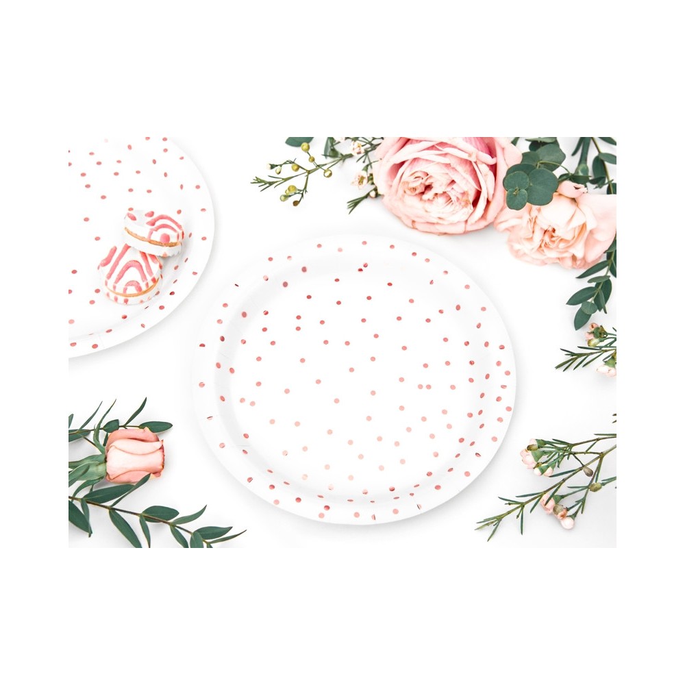 Dotted paper plates - white / rose gold, 6 pcs.