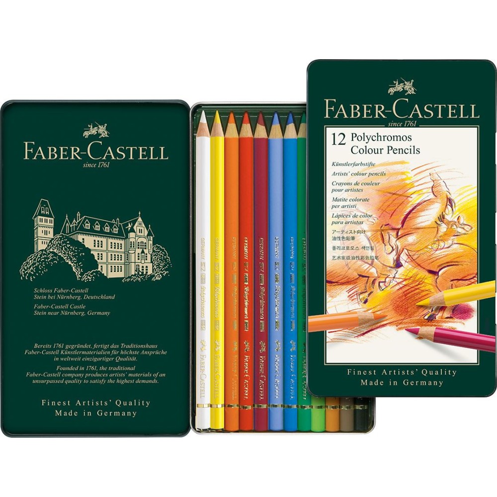 Zestaw kredek Polychromos w kasecie metalowej - Faber-Castell - 12 kolorów