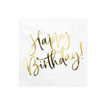 Happy Birthday napkins - white and gold, 33 x 33 cm, 20 pcs.