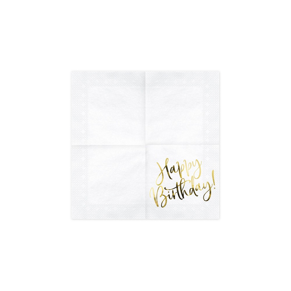 Happy Birthday napkins - white and gold, 33 x 33 cm, 20 pcs.