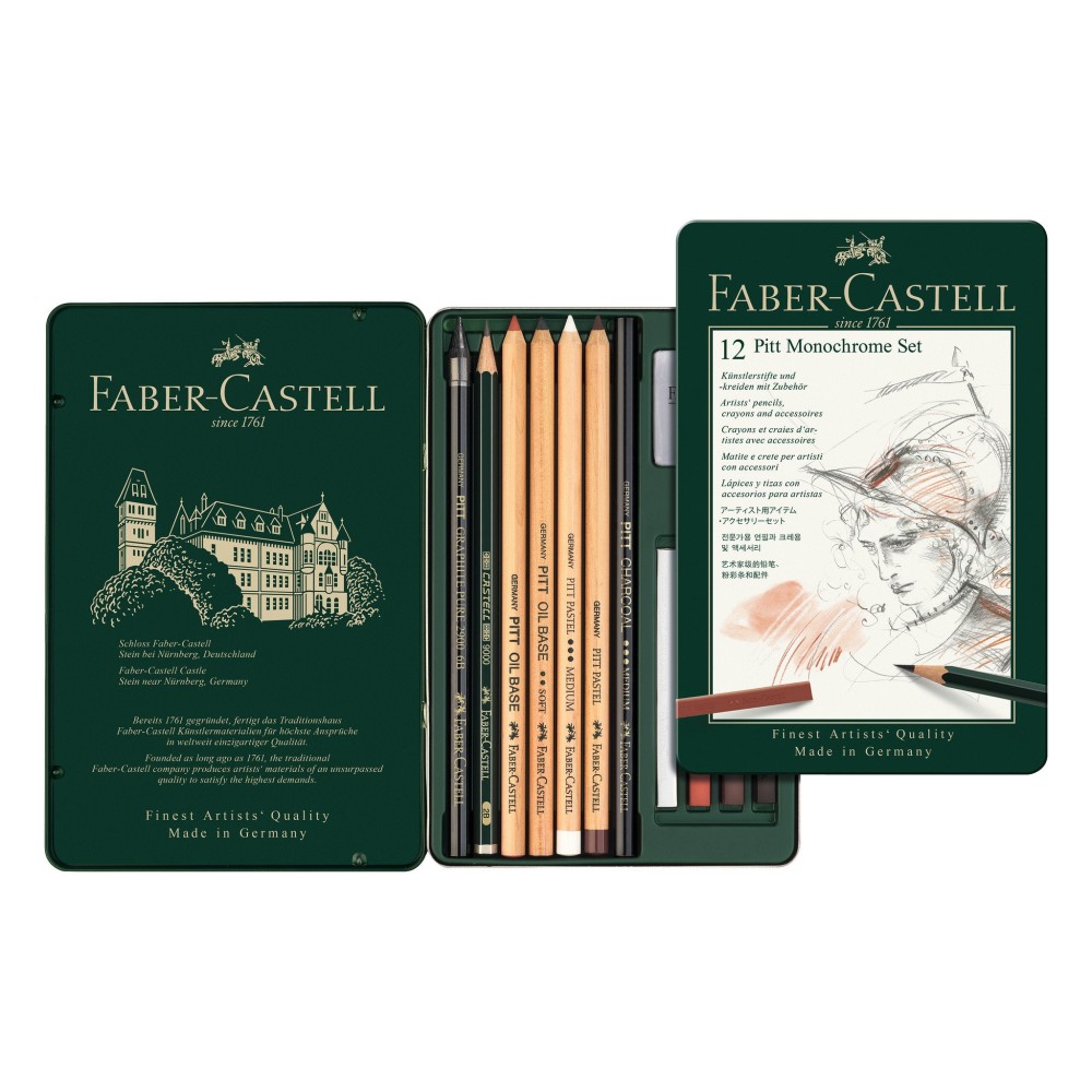 Zestaw rysunkowy Pitt Monochrome w kasecie metalowej - Faber-Castell - 12 szt.