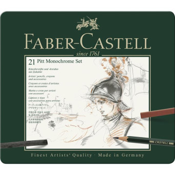 Zestaw rysunkowy Pitt Monochrome w kasecie metalowej - Faber-Castell - 21 szt.