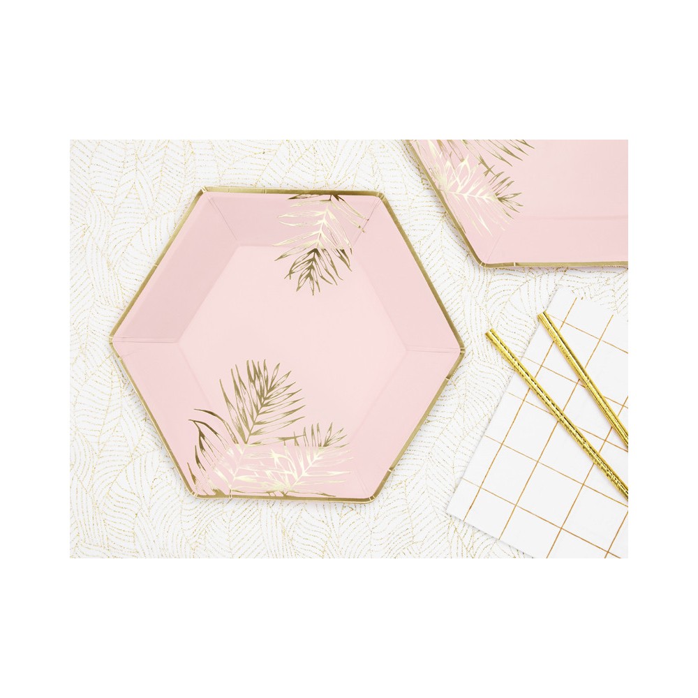Paper plates Leaves - pink and gold, 6 pcs.