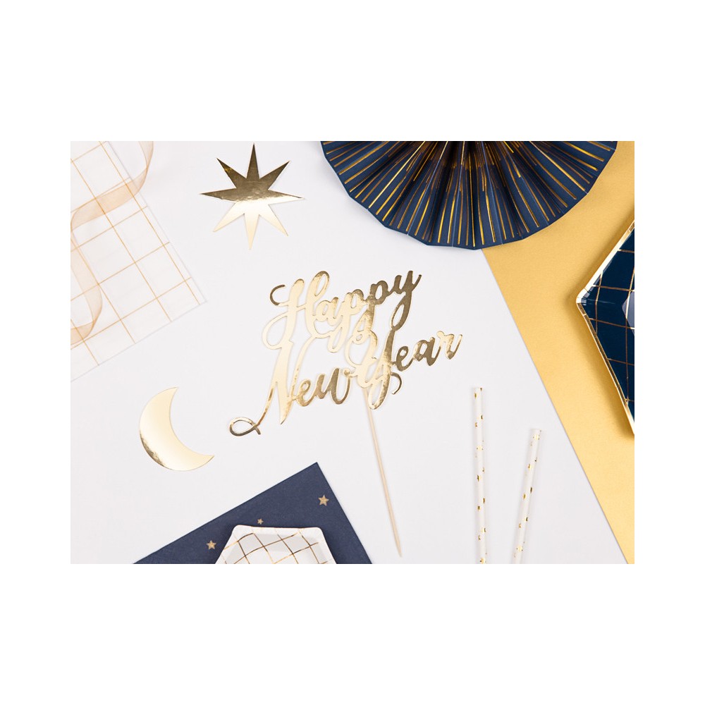 Topper na tort Happy New Year - złoty, 24 cm