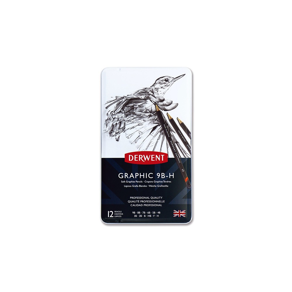 Set of Graphic pencils in metal case - Derwent - soft, 12 pcs.