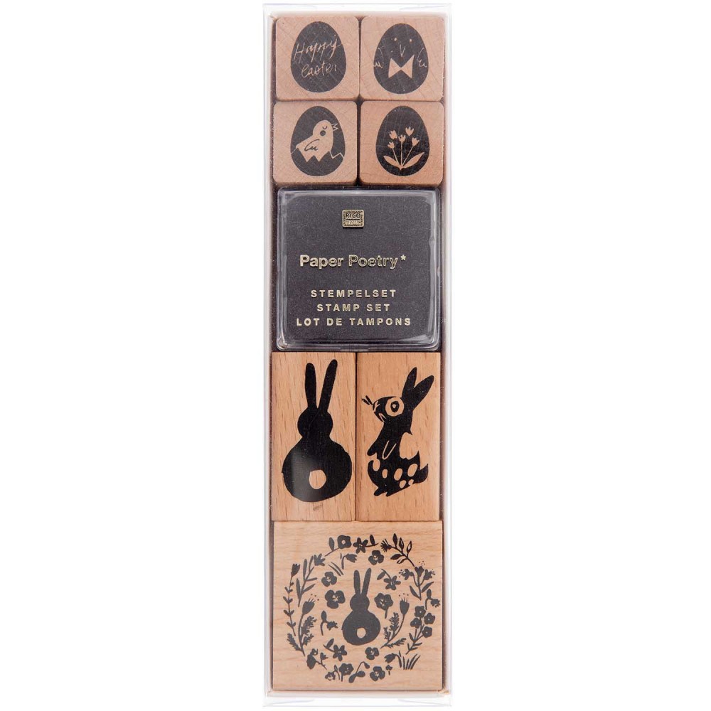 Wooden stamp set - Paper Poetry - Bunnies & Eggs, 7 pcs.