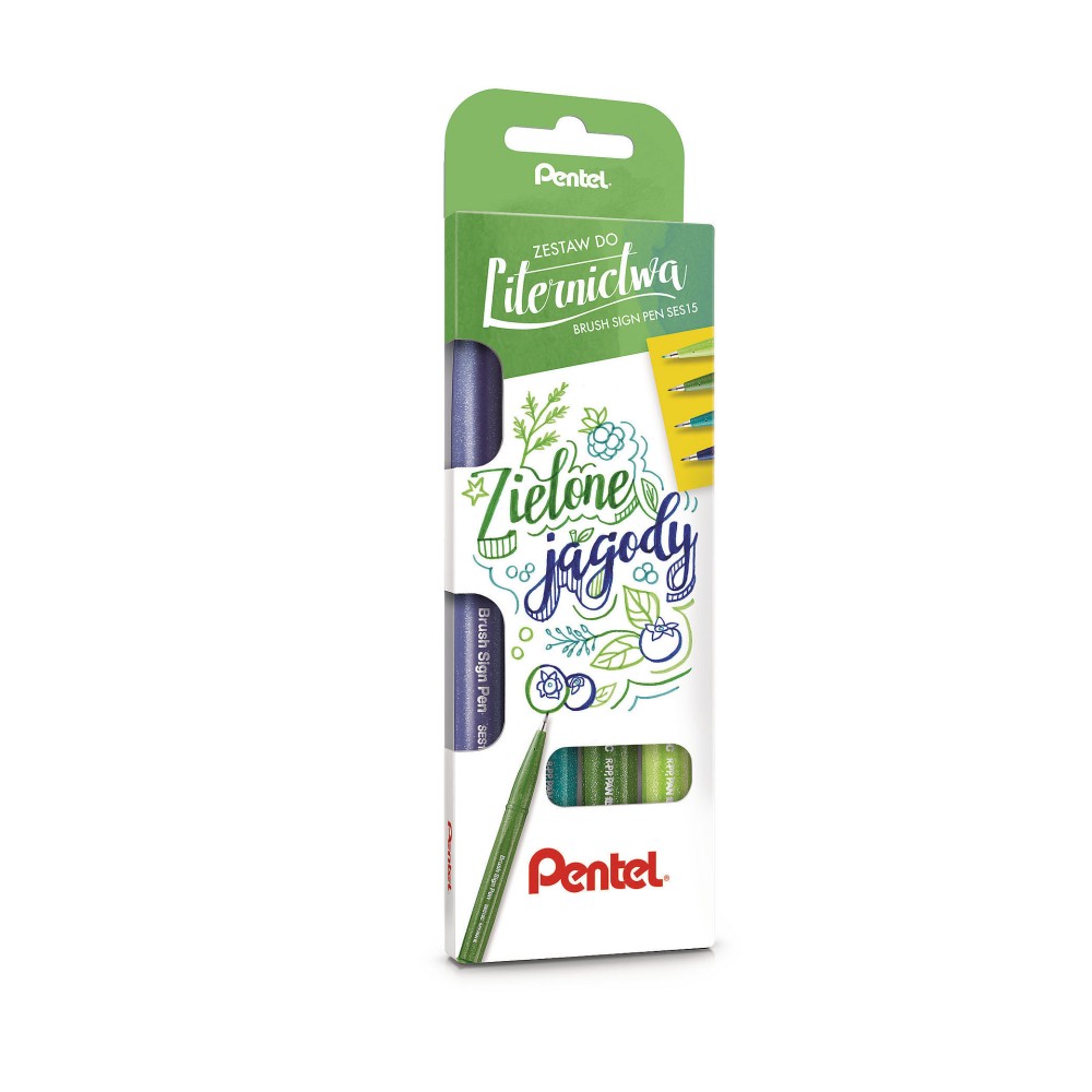 Zestaw pisaków artystycznych Brush Sign Pen - Pentel - Zielone jagody, 4 szt.