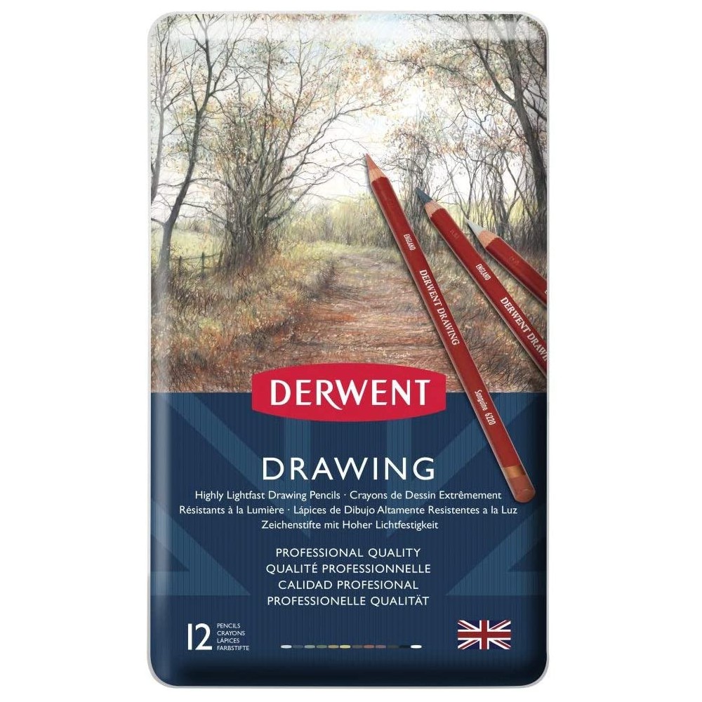 Drawing pencils set in metal tin - Derwent - 12 colors