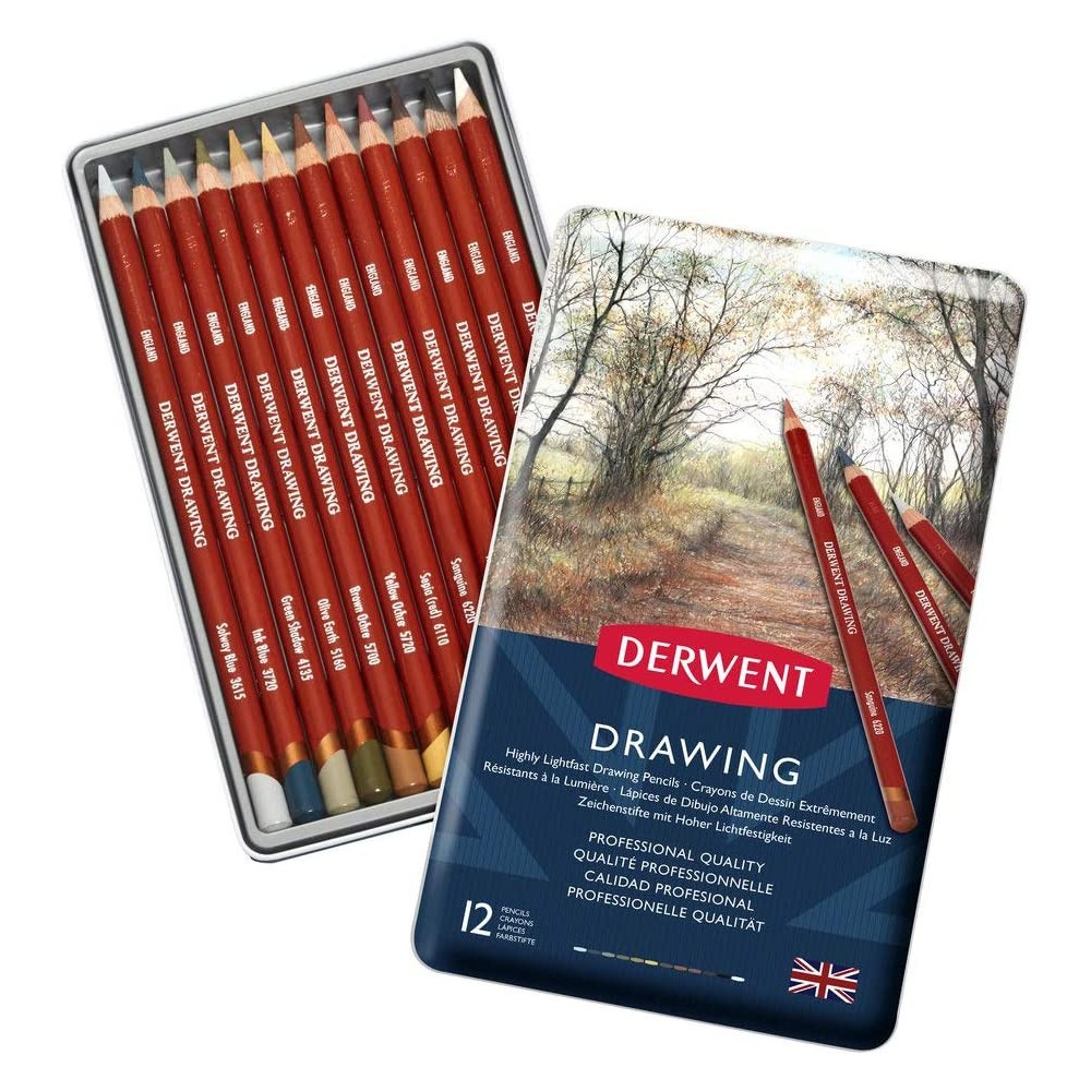 Zestaw kredek Drawing w metalowej kasecie - Derwent - 12 kolorów