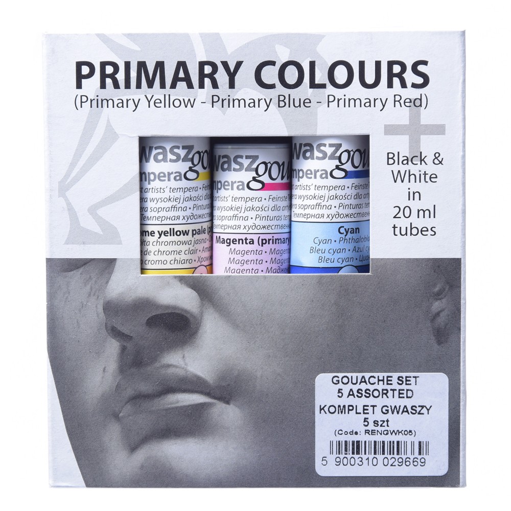 Set of gouache paint in tubes - Renesans - primary colors, 5 pcs.