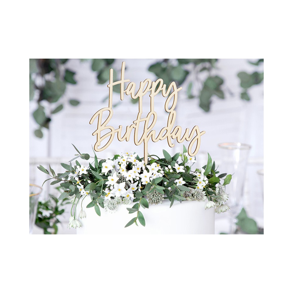 Topper na tort, ciasto Happy Birthday - drewniany, 15 x 16,5 cm