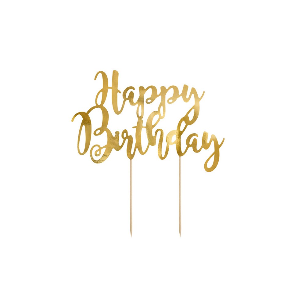 Topper na tort Happy Birthday - złoty, 22,5 cm