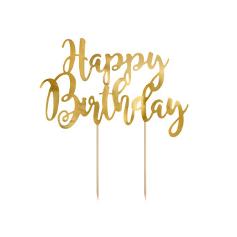 Topper na tort Happy Birthday - złoty, 22,5 cm