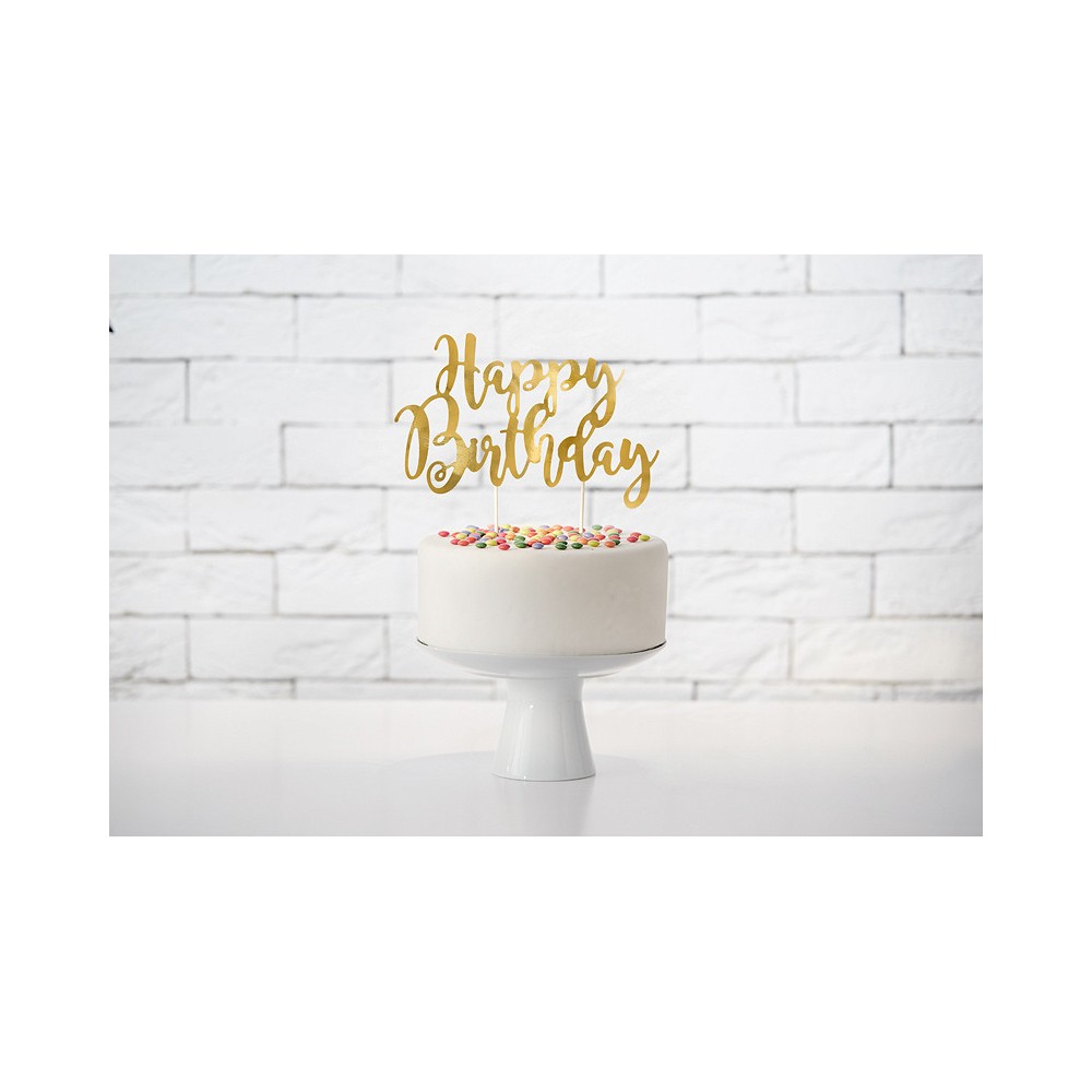 Topper na tort Happy Birthday - złoty, 22,5 cm