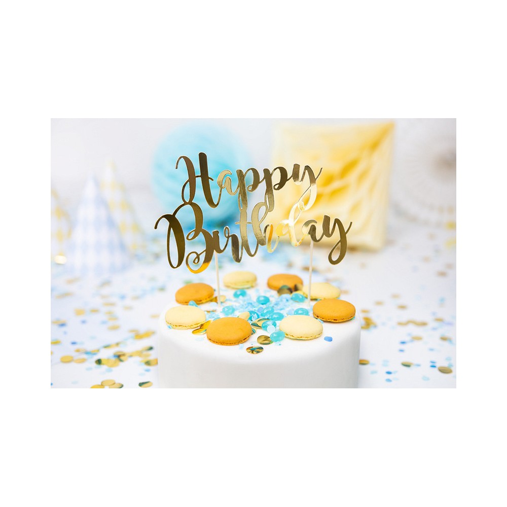 Topper na tort Happy Birthday - złoty, 22,5 cm